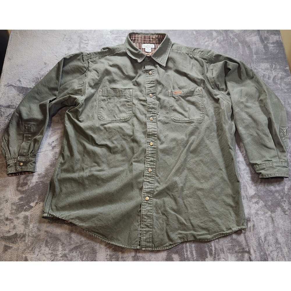 Carhartt Jacket Mens 2XL Green Shirt Shacket Heavyweight Flannel Lined S296 MOS